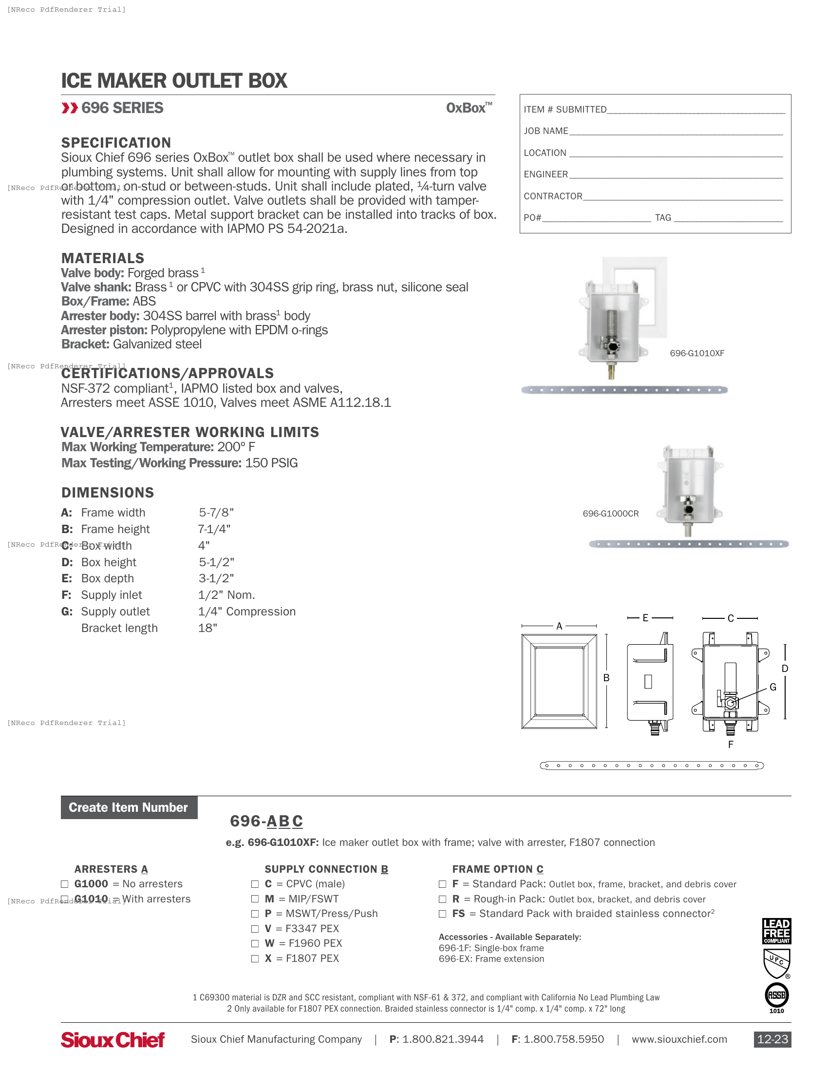 696 SERIES - OXBOX ICE MAKER OUTLET BOX - SPEC SHEET.PDF Specification Document